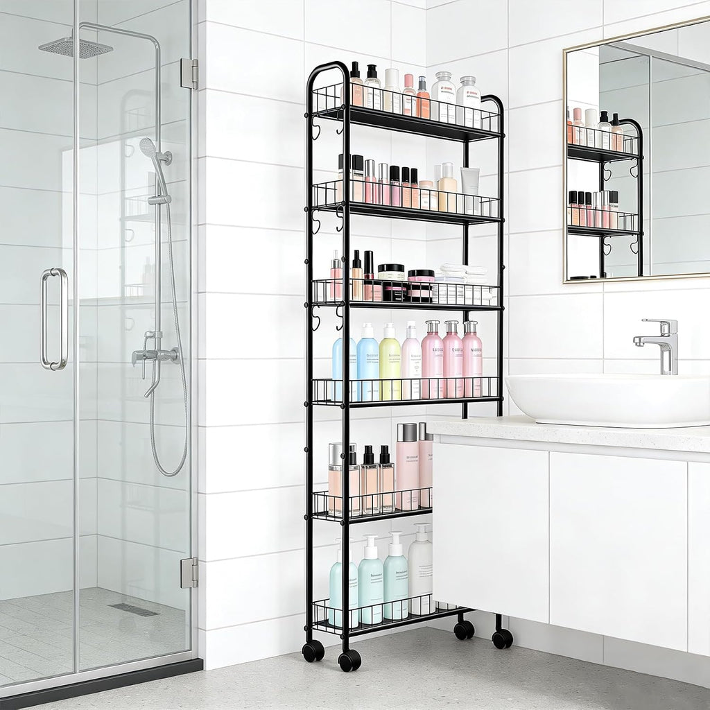 Slim Storage Cart with Wheels, Metal 6-Tier 6in Black Narrow Rolling
