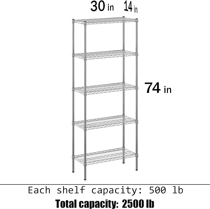 14" Deep x 30" Wide x 74" Height Wire Shelving Kit | 5-Tier | NSF Commercial - Image 3