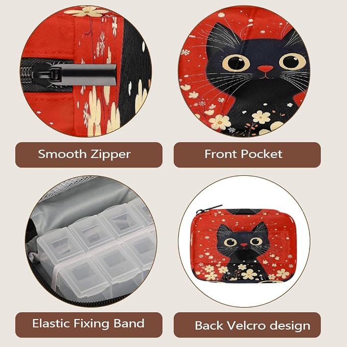 Retro Black Cat Flowers Pill Organizer Travel Medicine Case - Image 4