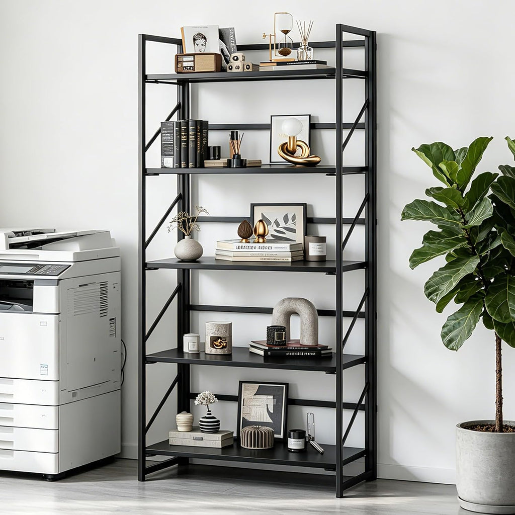 JSB No Assembly Folding Bookshelf, 5 Tier Industrial Metal Book Shelf