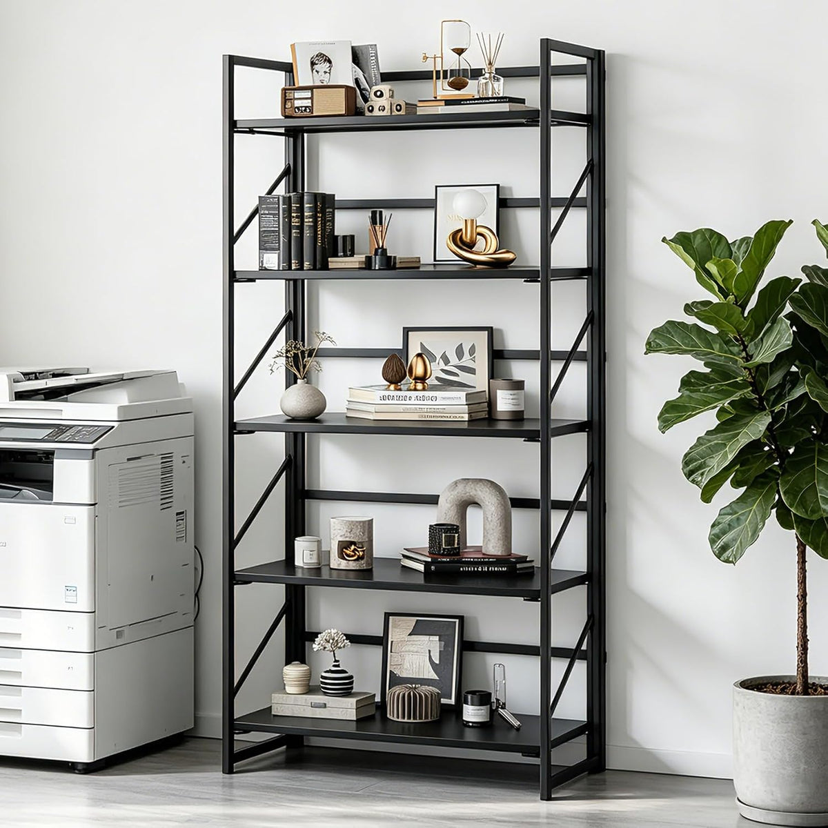 JSB No Assembly Folding Bookshelf, 5 Tier Industrial Metal Book Shelf