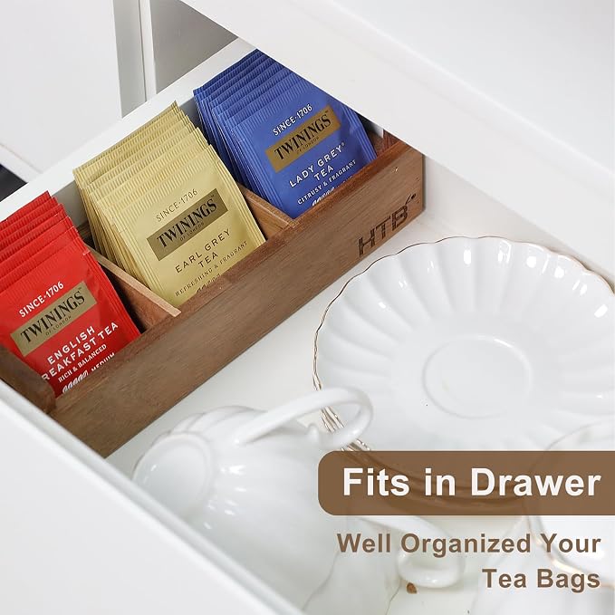 HTB Small Tea Bag Box Wooden, 3 Compartments Acacia Wood Tea Bag Chest - Image 7