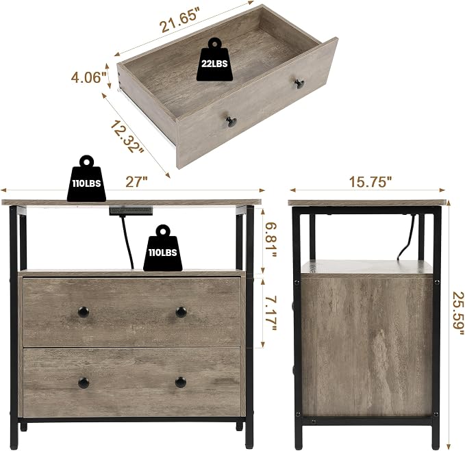 27 inch Wide Night Stand with Charging Station, Bedside Table with Open Shelf - Image 3