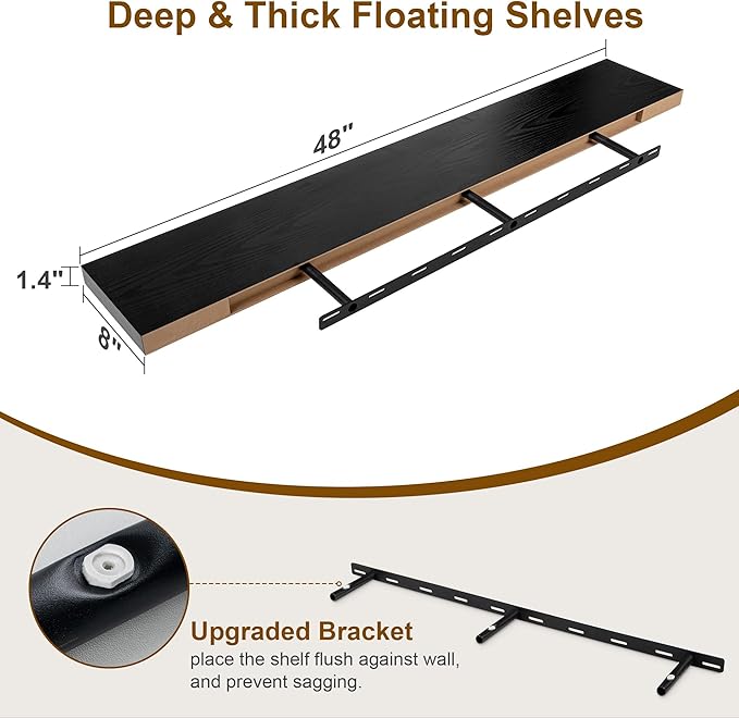 Black Floating Shelves 48 Inch Long, 8 Deep Floating Shelves - Image 3