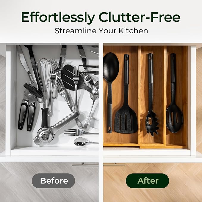 Carbonized Bamboo Kitchen Drawer Organizer, 5 Slots Expandable Silverware - Image 7