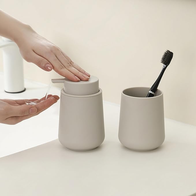Matte Beige Bathroom Accessories 2 Piece Set Plastic Soap Dispenser and - Image 2