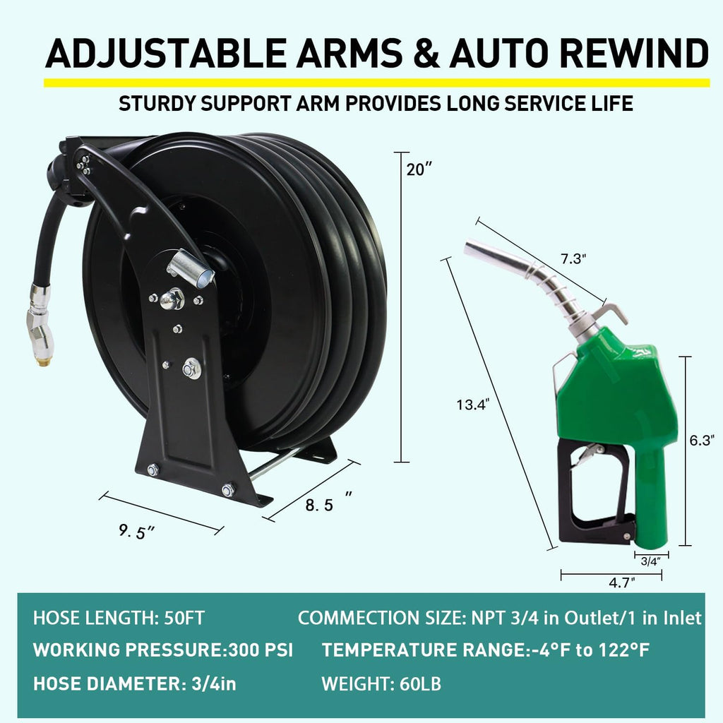 Fuel Hose Reel,3/4"X50' Retractable Ratchet Spring Driven Diesel Hose