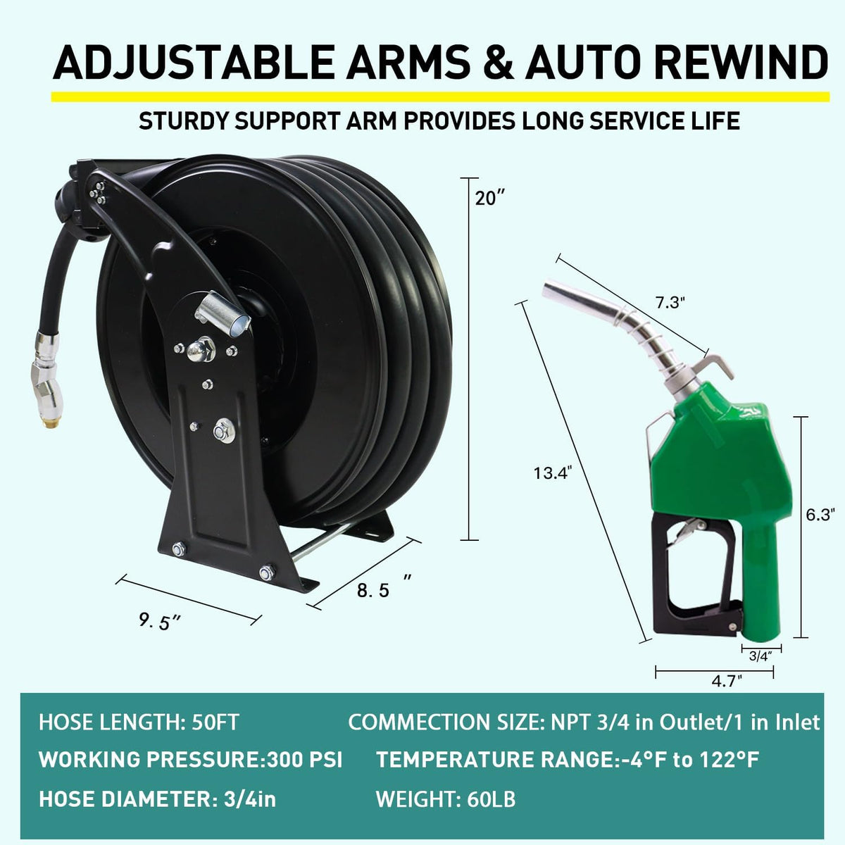 Fuel Hose Reel,3/4"X50' Retractable Ratchet Spring Driven Diesel Hose