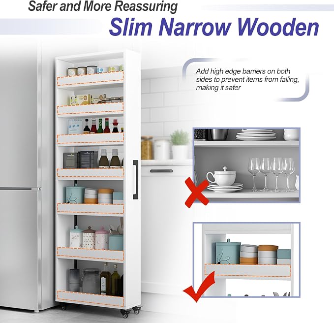 7-Tier Slim Storage Cart, Wooden Rolling Pantry Cabinet - Image 5