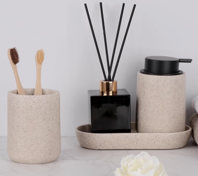 Beige Bathroom Accessories Set, Sandstone Look Soap Dispenser - Image 6