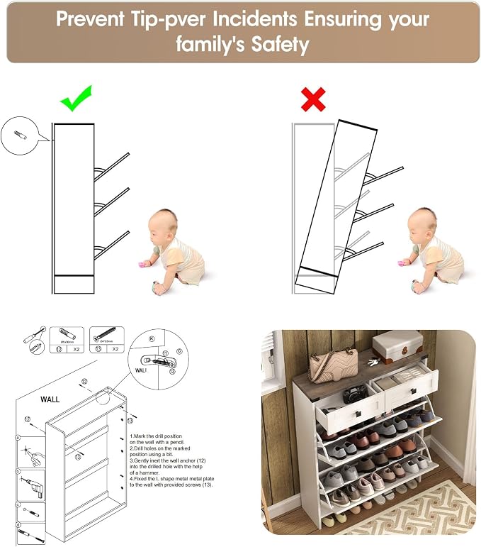 Shoe Cabinet with 2 Flip Drawers & 2 Drawers, Farmhouse Shoe Storage Cabinet - Image 8
