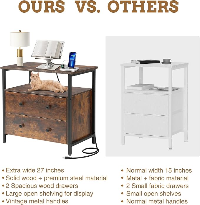27 inch Wide Night Stand with Charging Station, Bedside Table with Open Shelf - Image 7