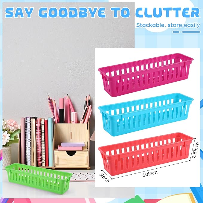 6 Pcs Colorful Slim Plastic Storage Baskets Tray 10 x 3 x 2.5 Inch Compact - Image 2