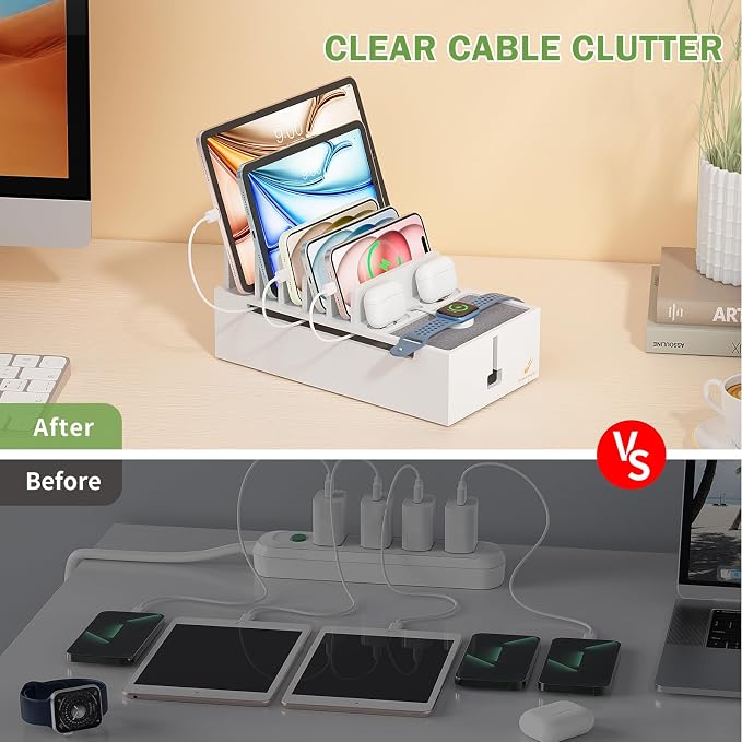 Pezin & Hulin Multi Charger Station Organizer Rack, Bamboo Cable Management Box - Image 3