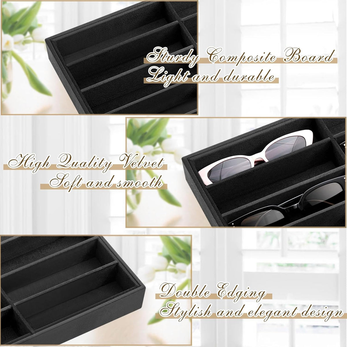 2 Pack Sunglasses Organizer Tray Velvet Holder,18 Grids,Black