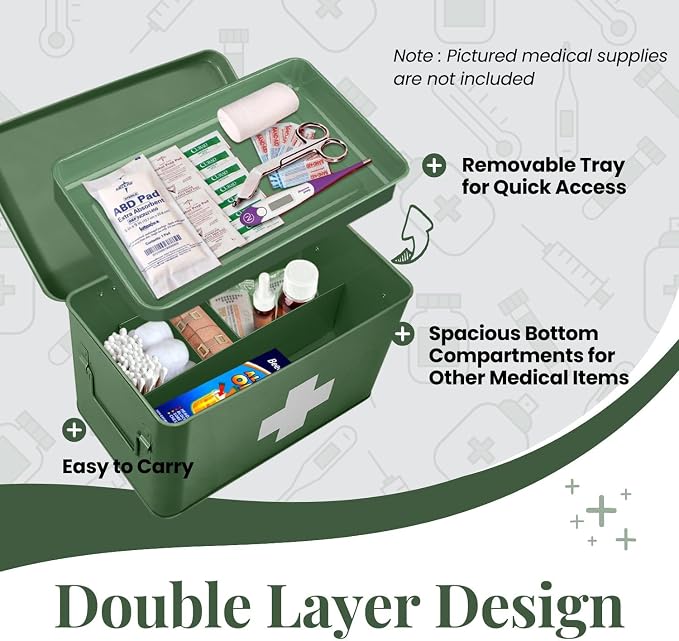 Flexzion First Aid Box Organizer Empty 13" Green Vintage First Aid Kit Tin - Image 5