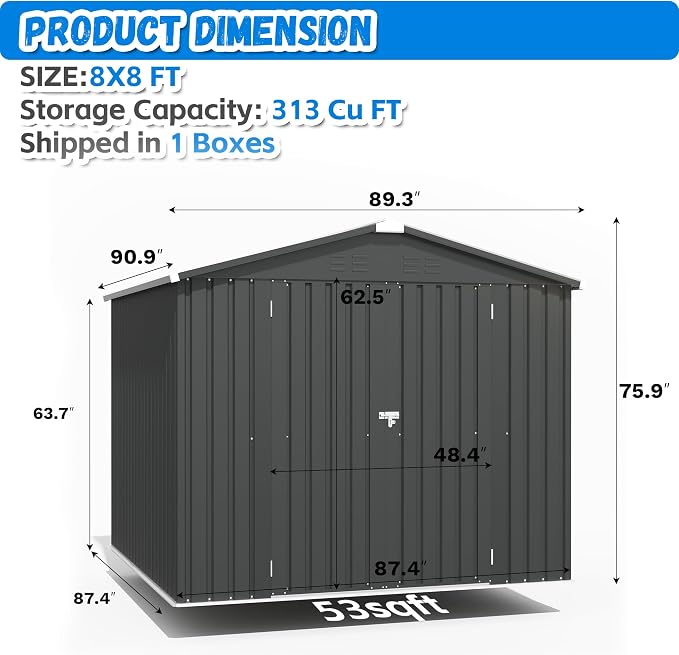 Greesum 8x8FT Outdoor Storage Shed, Utility Tool Shed Metal Storage Garden Shed - Image 2