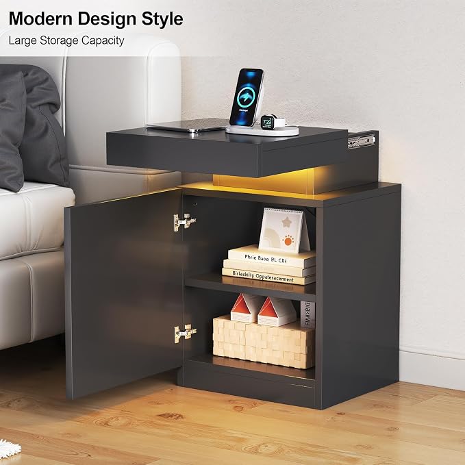 MXV Nightstand with LED Lights & Charging Station, Storage Cabinet & Drawers - Image 6