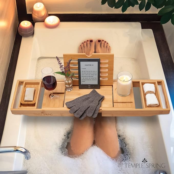Temple Spring Wooden Bathtub Tray, Bamboo Bathroom Accessories, Bath Tray - Image 5