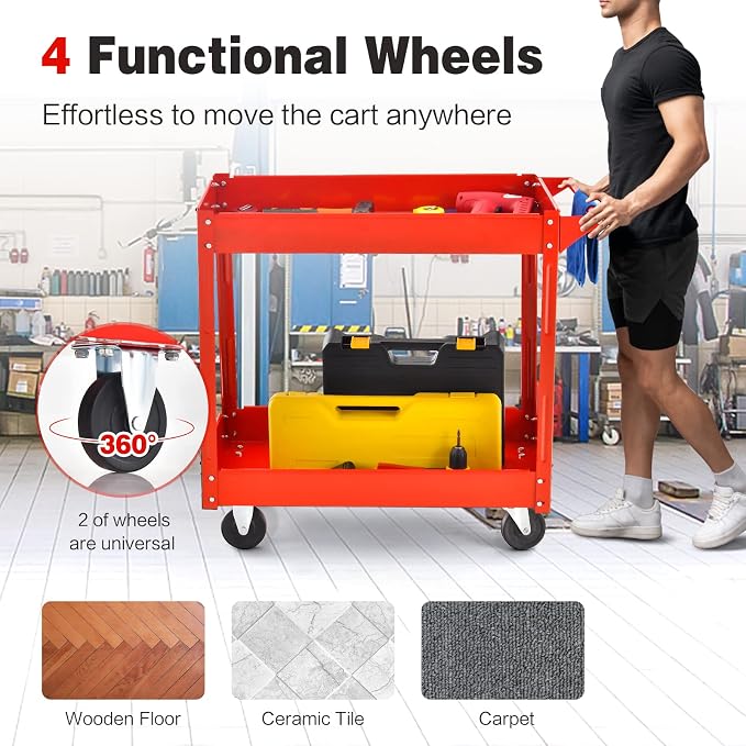 Goplus 2-Tier Utility Cart, Heavy Duty Commercial Service Tool Cart w/Handle - Image 3