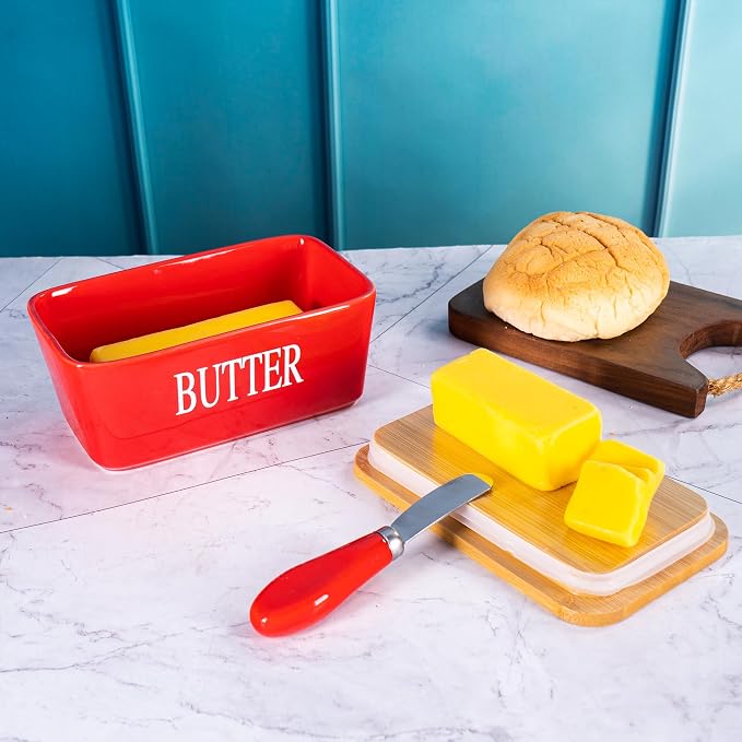 Red Butter Dish with Lid for Countertop, Large Ceramic Covered Butter Stick - Image 5