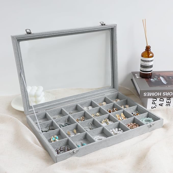 Wudygirl Jewelry Organizer Velvet Jewelry Tray 24 Grid Jewelry Box Earring - Image 5