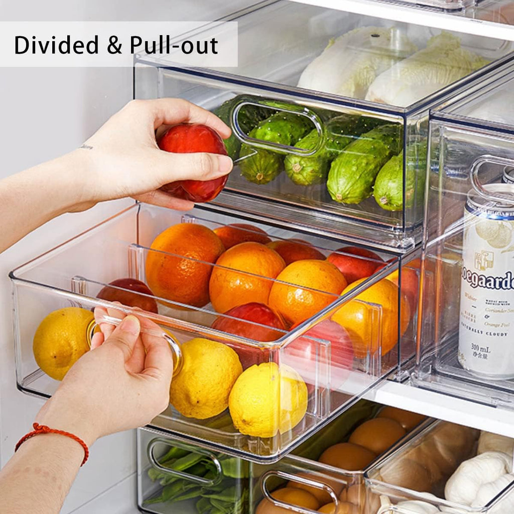 Mano 3PackFridge Drawer Pull Out Stackable Bins with Handle Clear