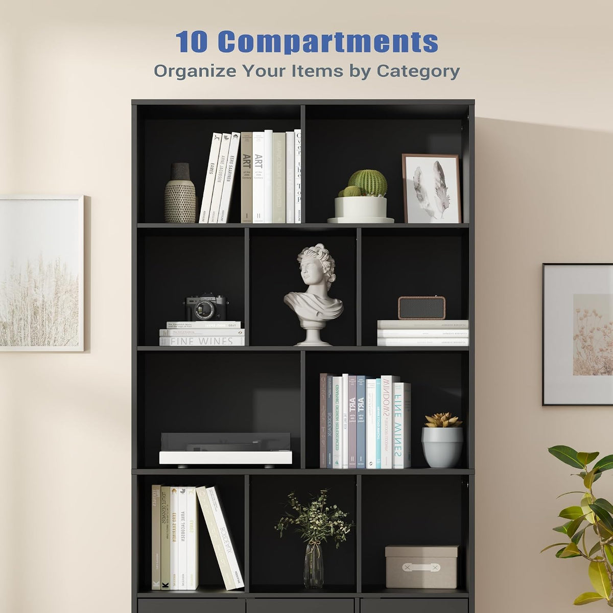 71" Tall Bookshelf with 10 Cubes and 3 Doors, 4-Tier Bookshelf, Open