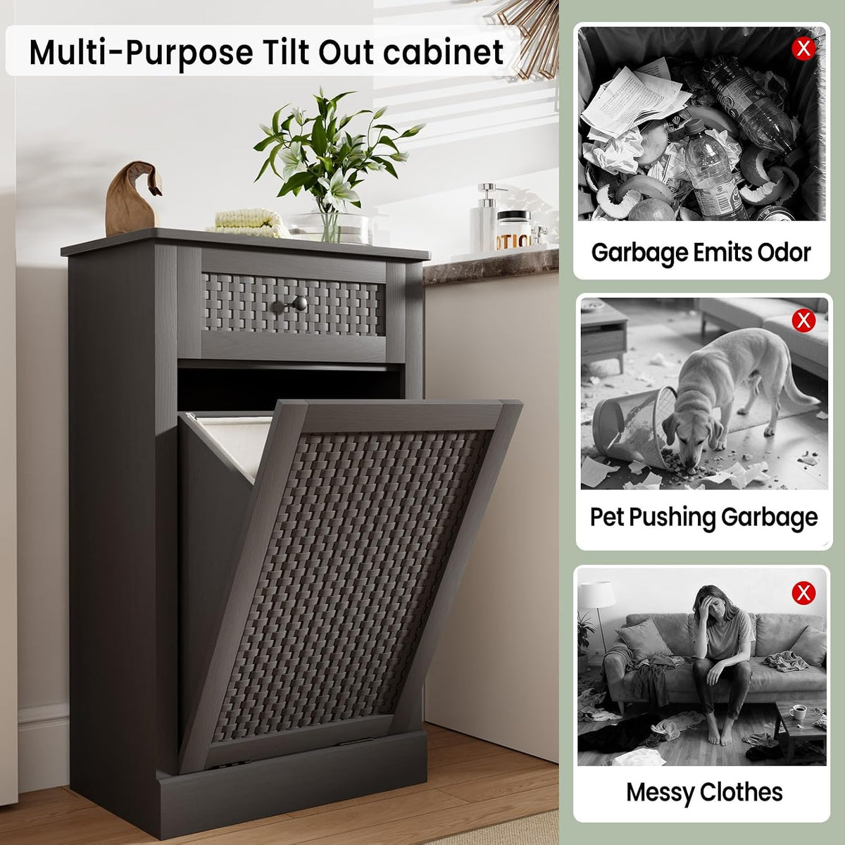 Tilt Out Laundry Hamper Cabinet, Rattan-Style Laundry Room
