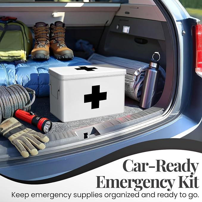Flexzion First Aid Box Organizer Empty 13" White Vintage First Aid Kit Tin - Image 9