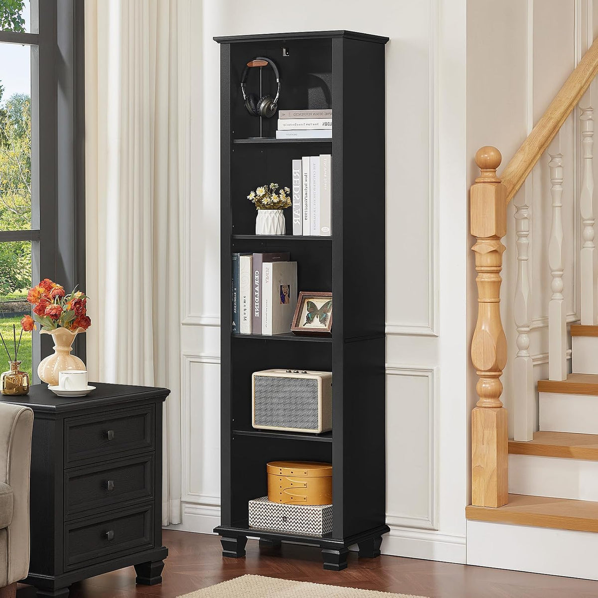 Narrow Black Book Shelf, 70" Tall Skinny Bookshelf with Adjustable