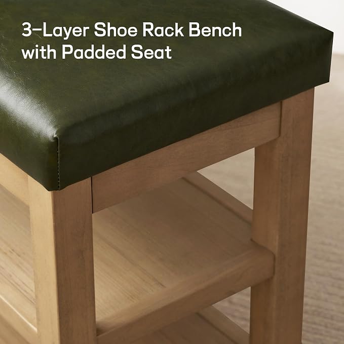 Shoe Rack Bench with Leather Cushion, 2 Tier Solid Wood Storage Bench, - Image 8
