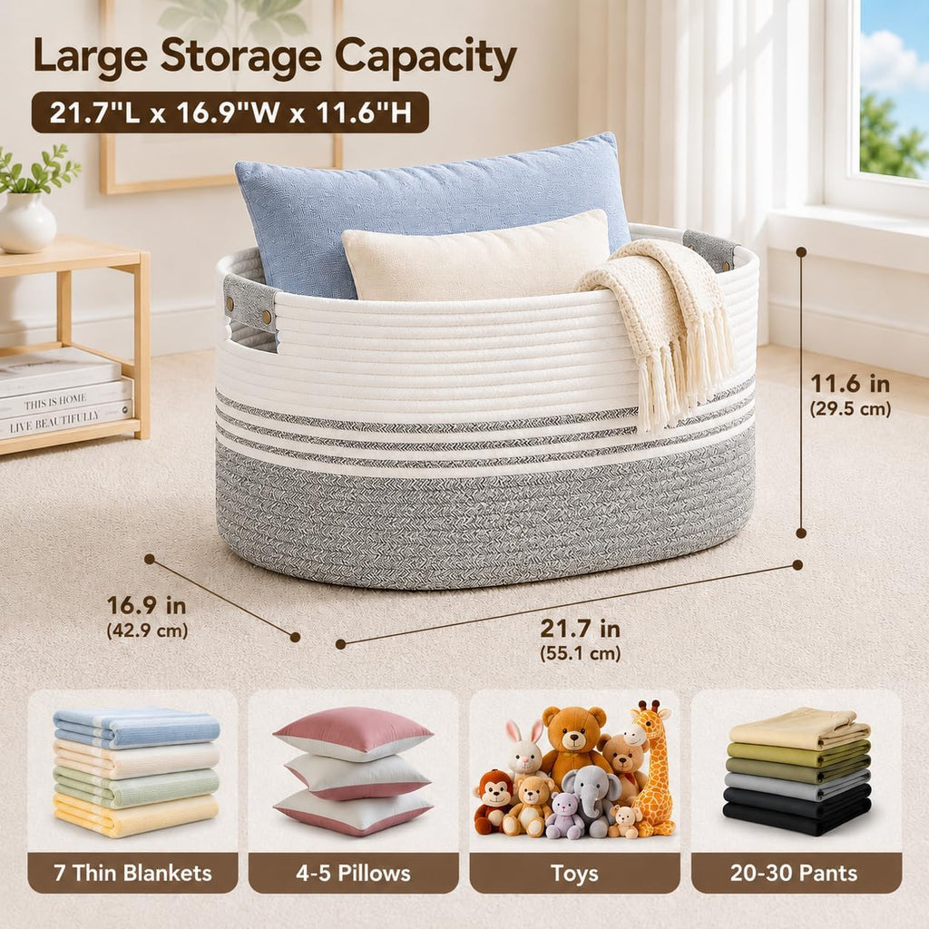 Laundry Hamper with Handles, 72L Rope Laundry Basket, Grey & White