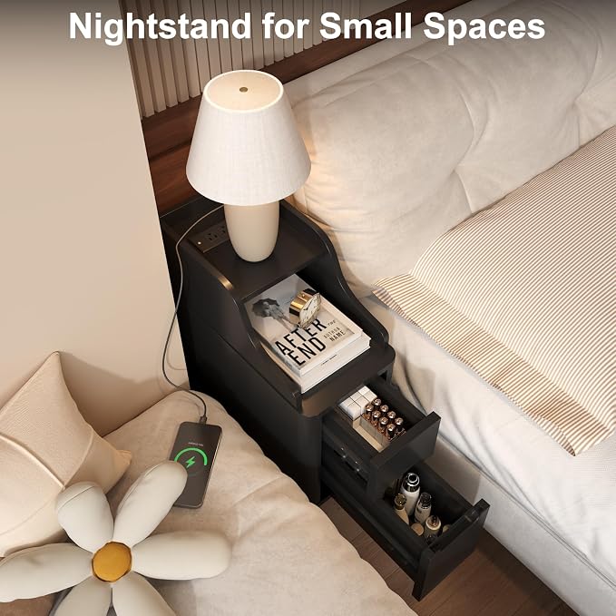 Narrow Nightstand with Drawers, Wood Night Stand with Charger Station, Narrow - Image 4