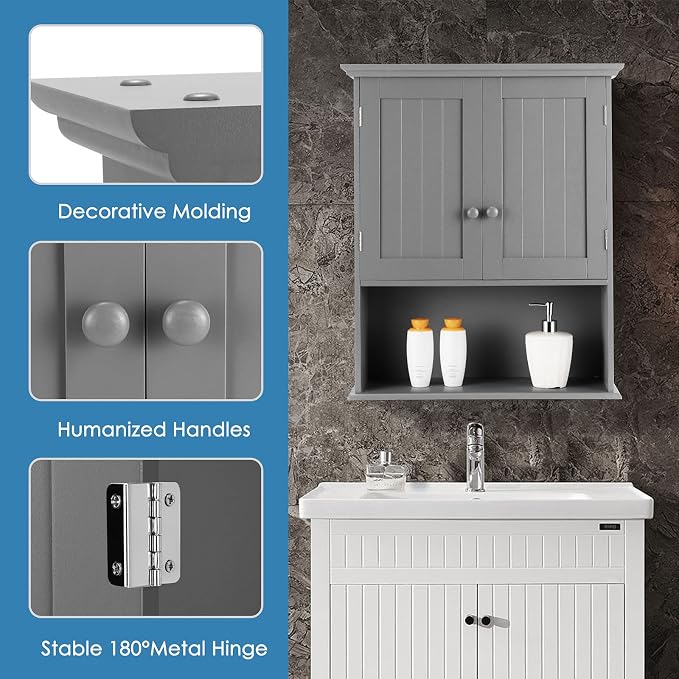 Tangkula Wall Mount Bathroom Cabinet Wooden Medicine Cabinet Storage Organizer - Image 9