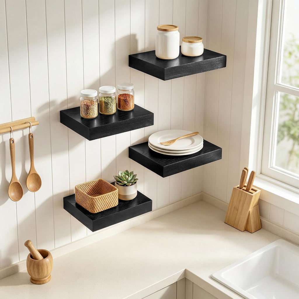 RICHFOCUS 8Inch Square Floating Shelves for Wall 4Pack|Black