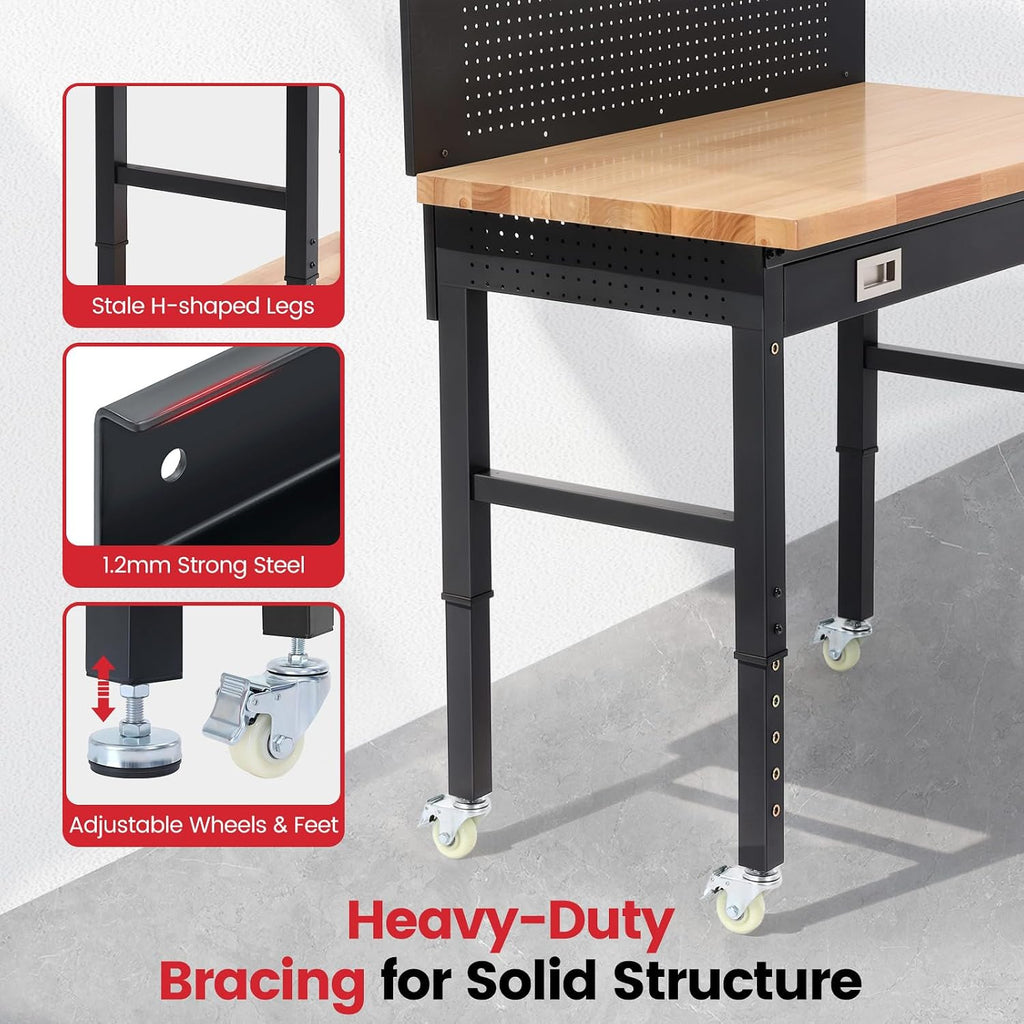 48" Heavy Duty Rolling Workbench with Drawers & Pegboard