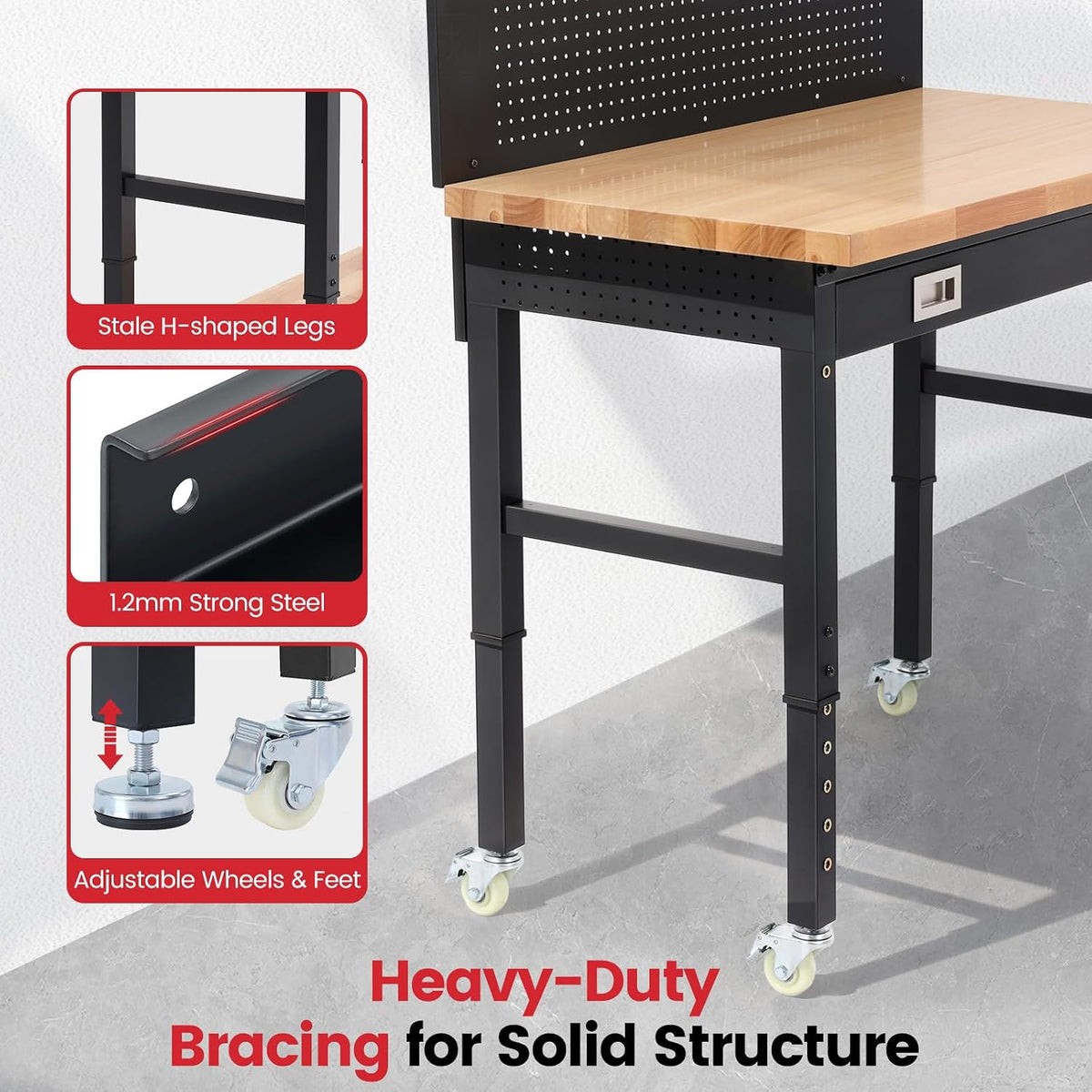 48" Heavy Duty Rolling Workbench with Drawers & Pegboard