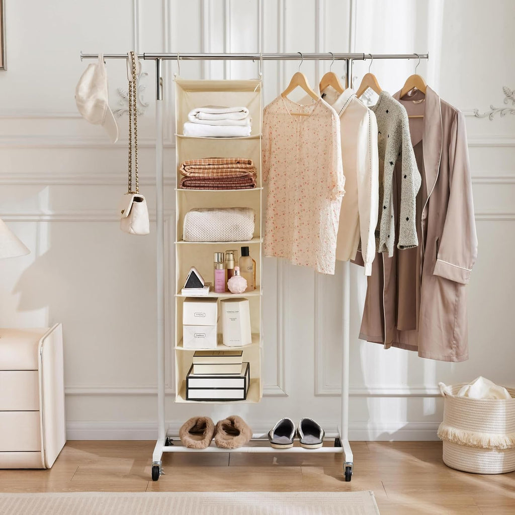2 Pack 6 Tier Foldable Hanging Closet Organizer, Beige