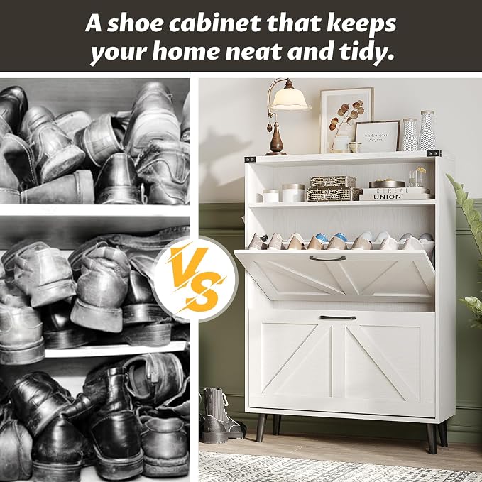Shoe Cabinet with 2 Flip Drawers & Open Storage, Farmhouse Shoe Storage Cabinet - Image 6