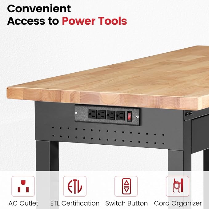 Workbench with Shelf Bracket 48 x 24 Inch Heavy Duty Rubberwood Tabletop Work - Image 6