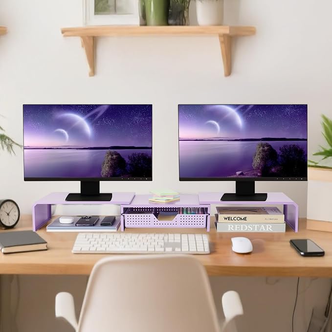 Dual Monitor Stand Riser with Drawer, Desk Organizer and Accessories, Metal - Image 3