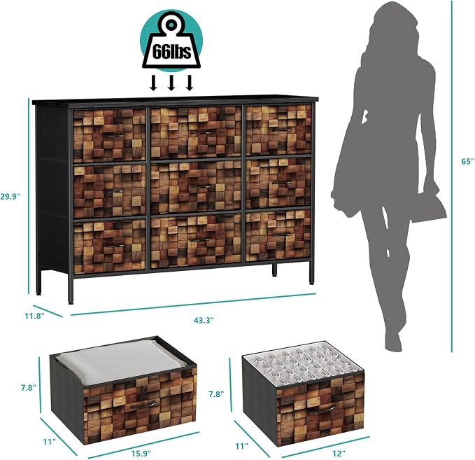 TV Stand with 9 Drawers, Chest of Drawers with Fabric Bins, Storage Organizer - Image 2