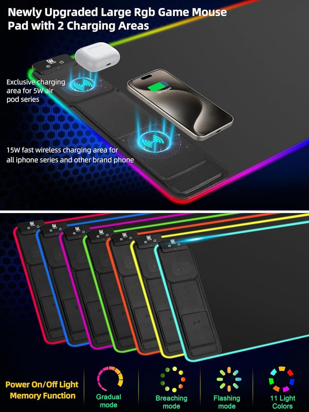 XXL Mouse Pad with Phone Holder - Black, RGB Desk Mat with 15W Fast
