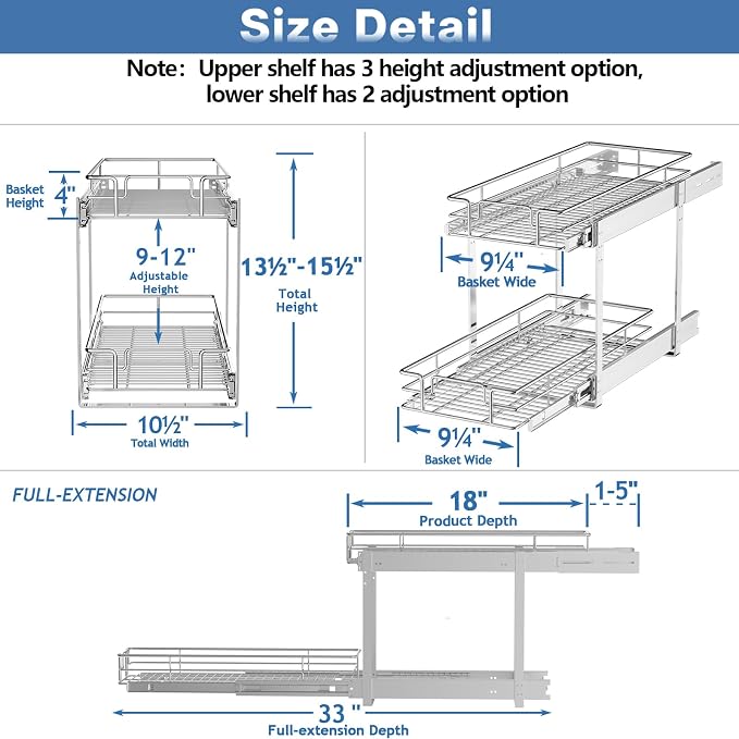 2 Tier Individual Pull Out Cabinet Organizer 10½" W x 18" D, Heavy Duty Cabinet - Image 3