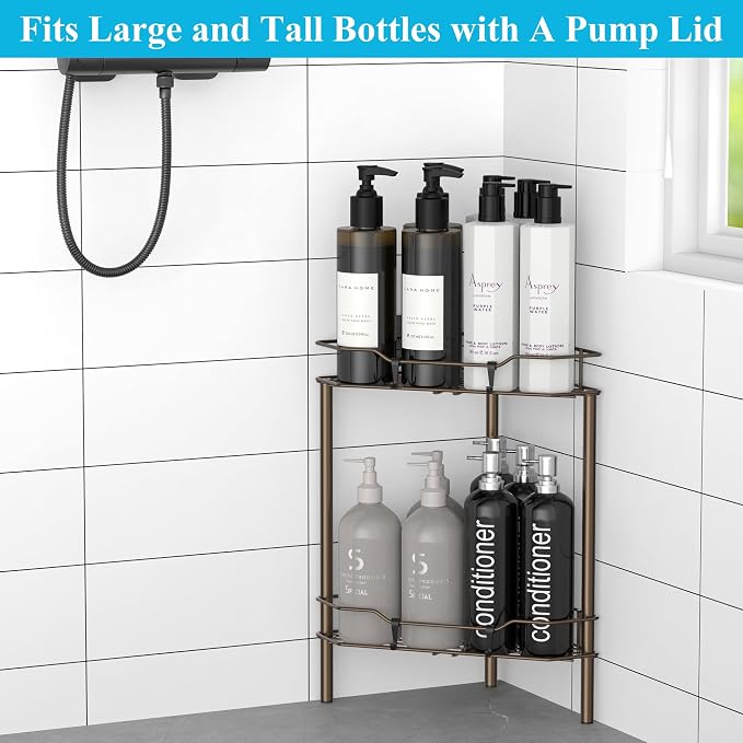 2 Tier Floor Standing Corner Shower Caddy Organizer Shelf - Image 3