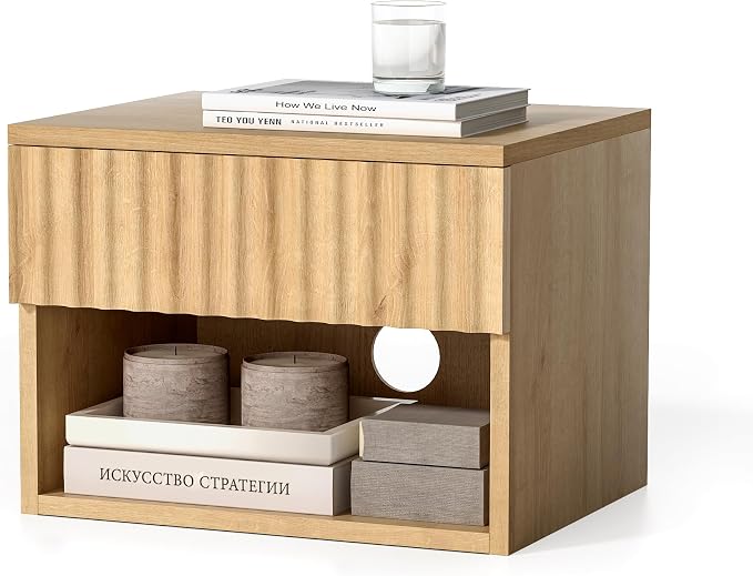 Floating Nightstand with Drawer, Modern Small Night Stand with Fluted Door and - Image 8