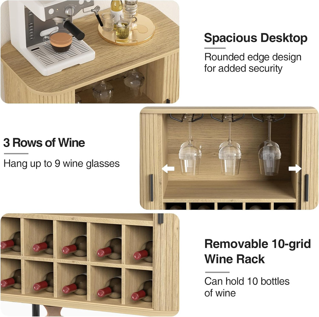 Coffee Bar Cabinet with Storage, Fluted Wine Cabinet with Sliding