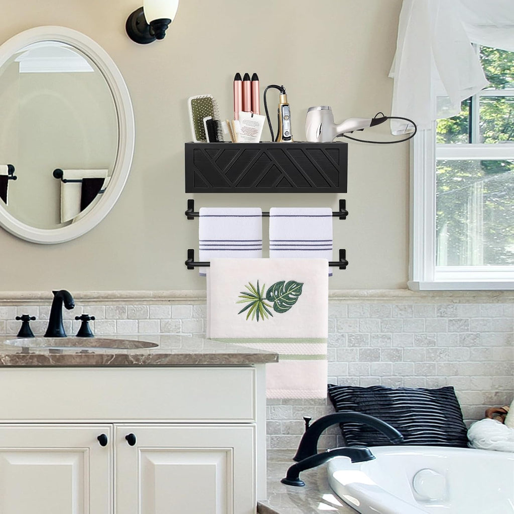 Hair Tool Organizer Wall Mount With 2 Towel Bars, Wood Hot Tools