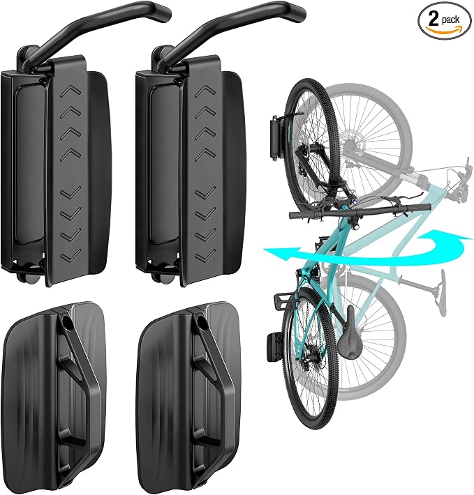 2 Pack Bike Hooks for Garage, Heavy Duty Swivel Bike Wall Mount, Holds 77 Lbs by Pegzone